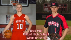 Brad Hall in basketball uniform on left and baseball uniform on right